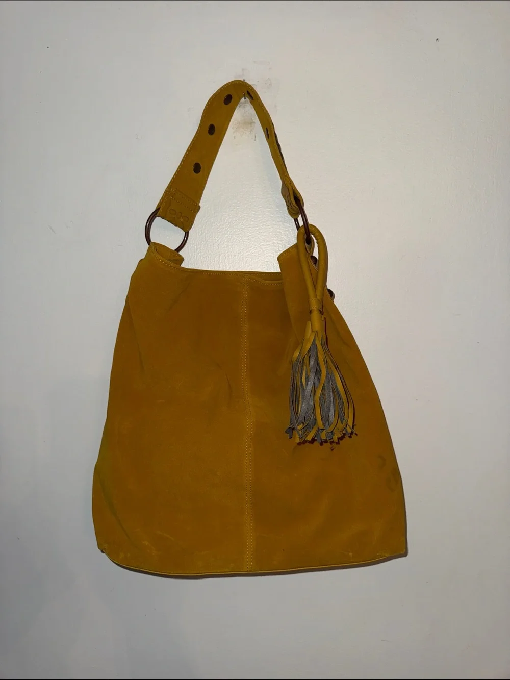 Mustard Yellow Suede Hobo Bag Slouchy Boho Studded Shoulder Tote Purse Tassel